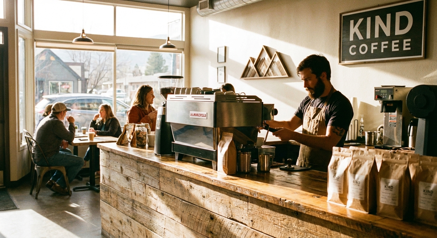 A real photo inside Kind Coffee in Estes Park showing a barista preparing an espresso drink at a modern wooden coffee bar with warm natural light