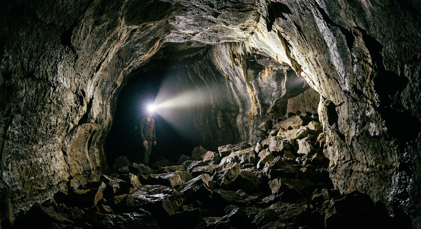 A real photo inside a lava tube at Lava Beds National Monument, with a single headlamp beam lighting rough basalt walls and an uneven rocky floor