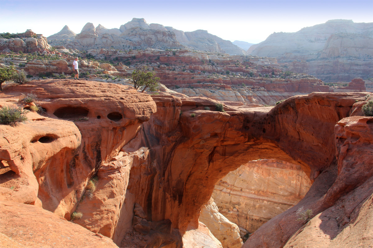 A real photo of Cassidy Arch in Capitol Reef, with a hiker standing near the arch opening overlooking the canyon below, bright desert light and red sandstone