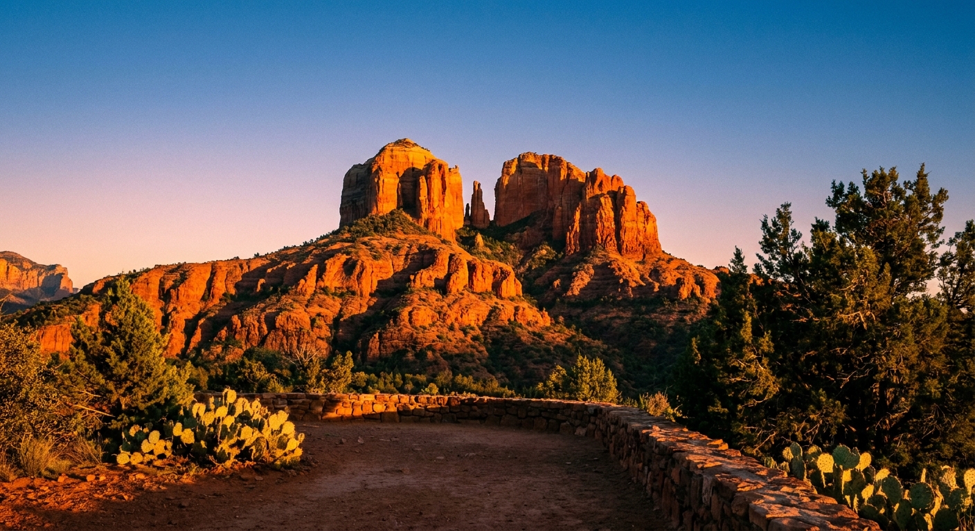 A real photo of Cathedral Rock in Sedona, Arizona, with warm sunset light glowing on the red sandstone spires and a clear sky above, viewed from a lookout area