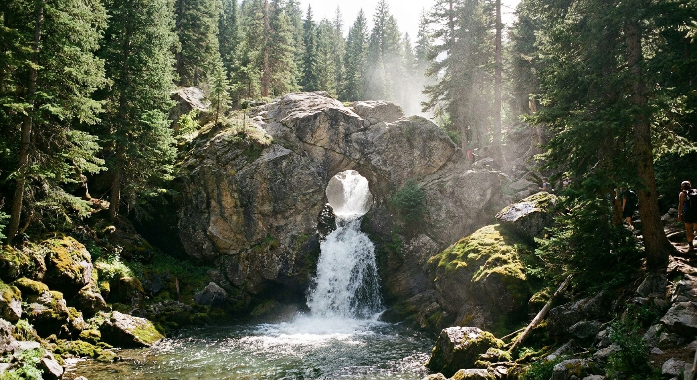 A real photo of Donut Falls in Big Cottonwood Canyon with water flowing through a circular rock opening, surrounded by evergreen forest