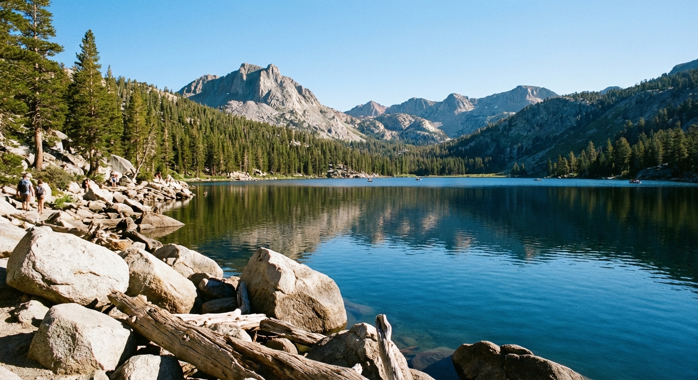 A real photo of Lake Mary near Mammoth Lakes with a rocky shoreline, calm blue water, and pine-covered slopes in bright summer light