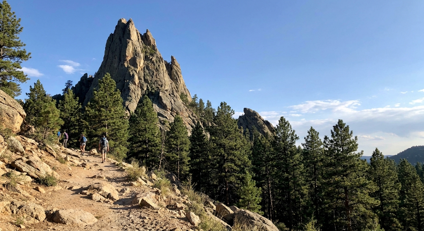 A real photo of Little Devils Tower as a sharp granite spire above a rocky trail, with pine trees below and a blue sky overhead