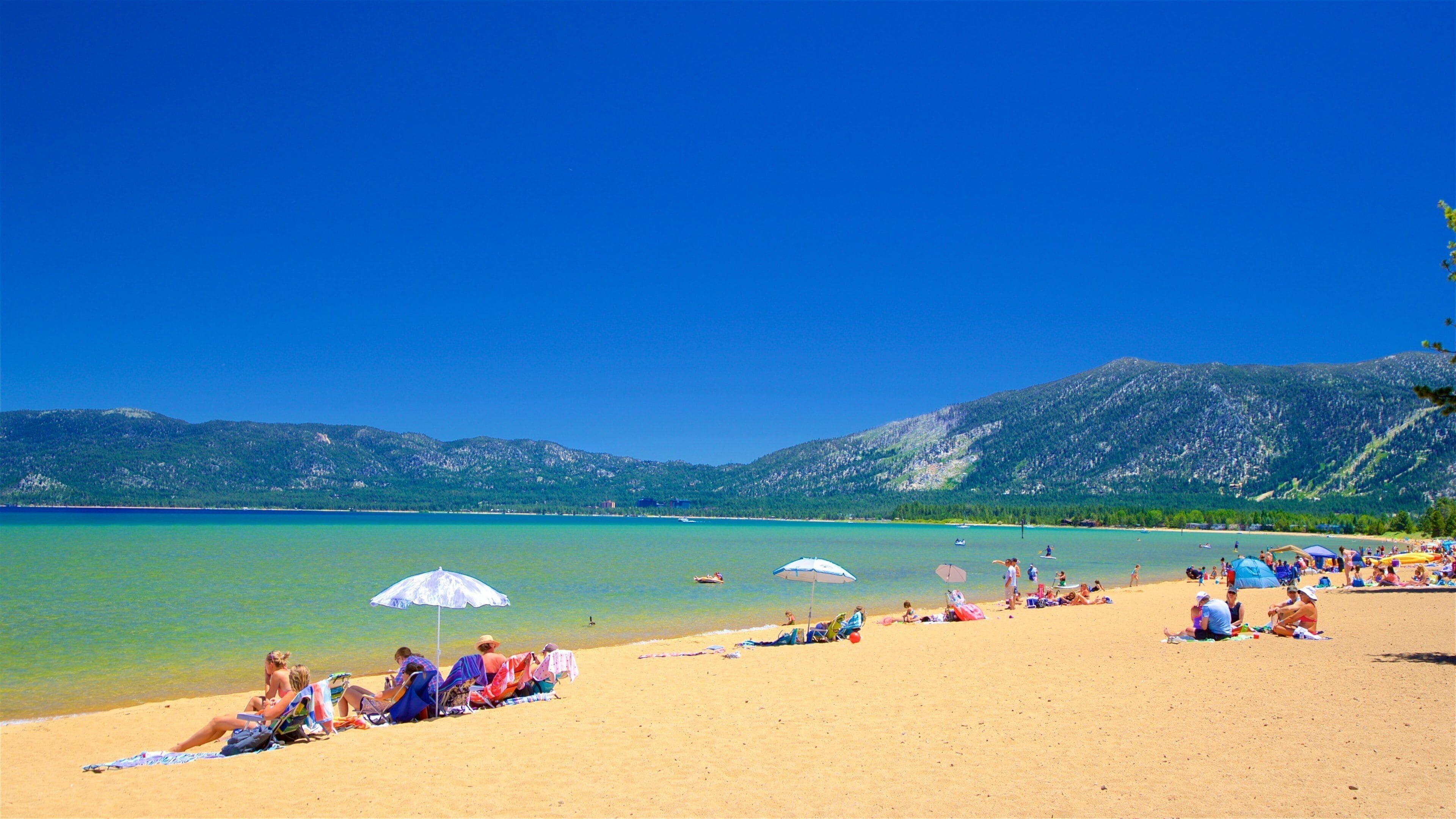 A real photo of Pope Beach with pale sand, tall pine trees, and clear turquoise water along the South Shore of Lake Tahoe