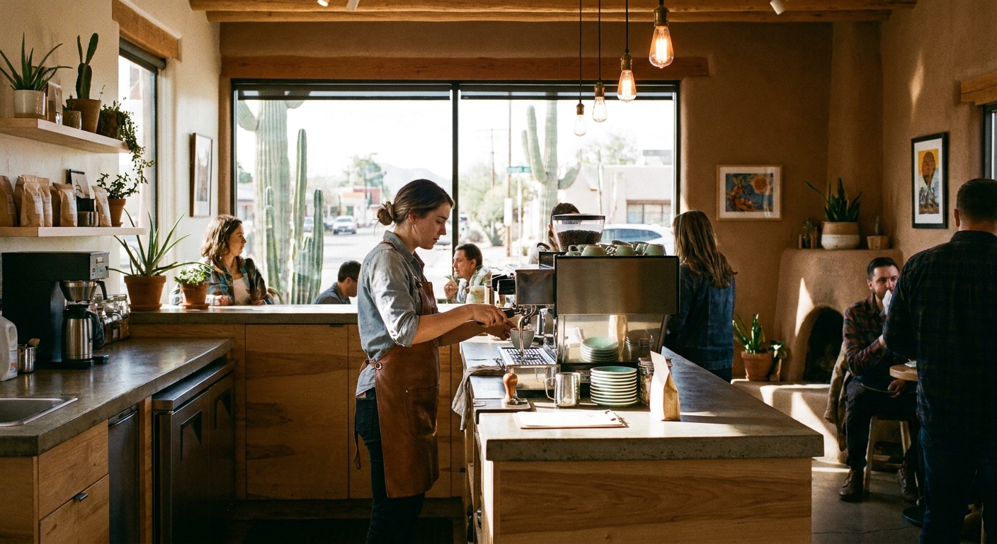 A real photo of a barista pulling an espresso shot at a cozy local coffee shop in Tucson, Arizona, with warm indoor lighting and a minimalist counter