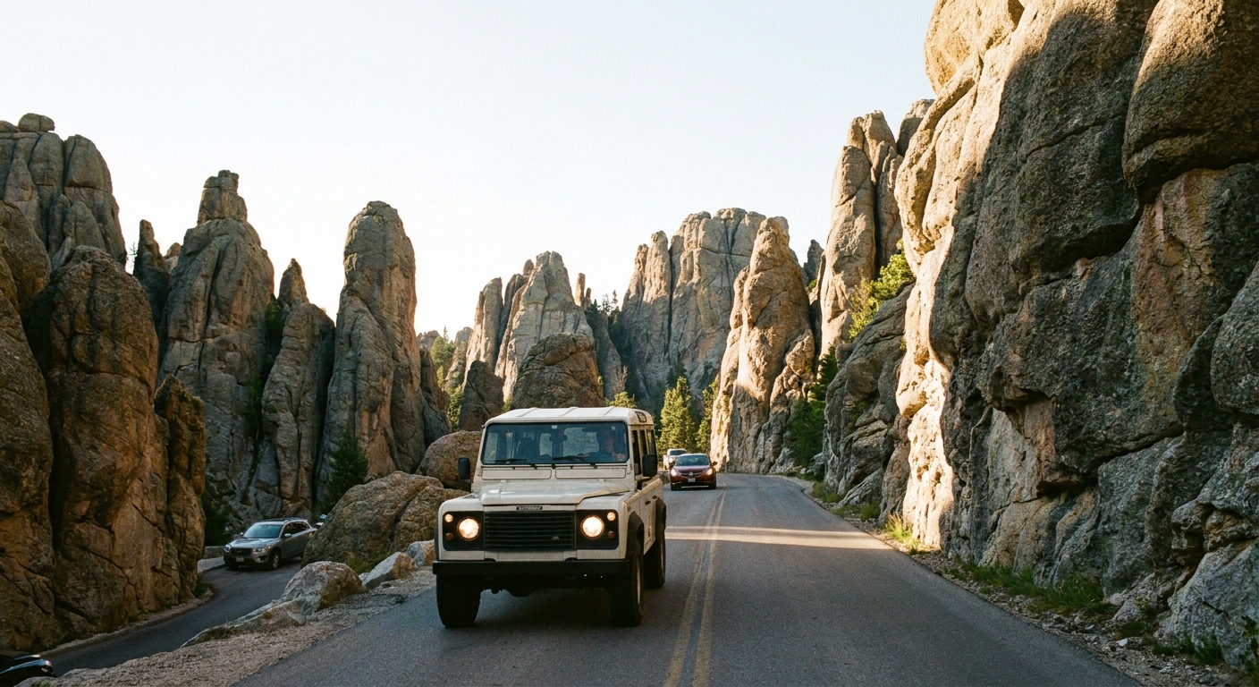 A real photo of a car driving along Needles Highway with tall granite spires close to the roadway in bright afternoon light