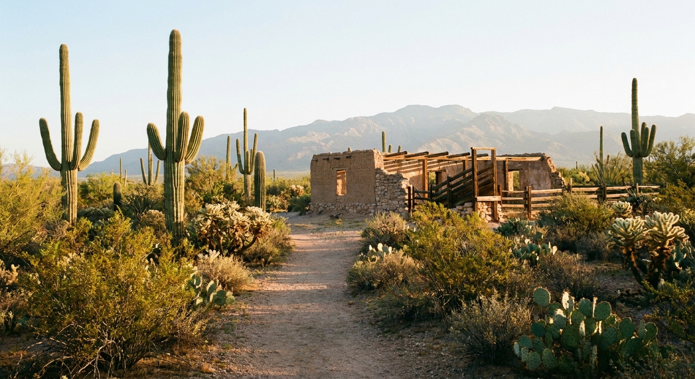 A real photo of a desert trail near a historic homestead area in Saguaro National Park East during morning light, with tall saguaros and low scrub