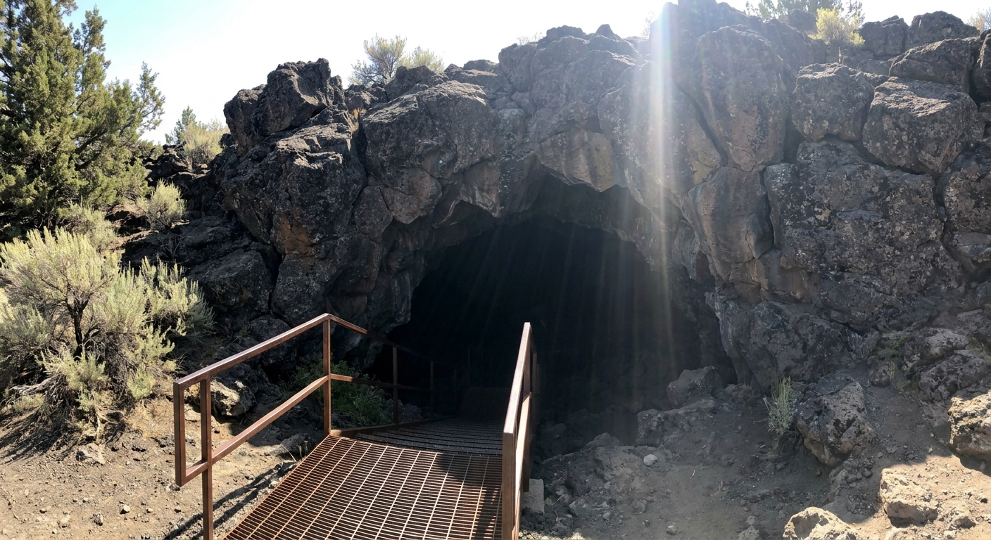 A real photo of a jagged lava tube entrance in Lava Beds National Monument, with dark volcanic rock, a metal stair or trail leading down, and bright high desert sunlight outside