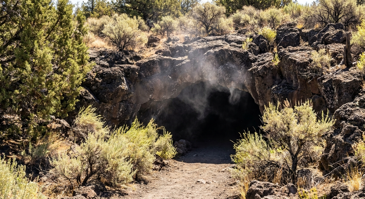 A real photo of a lava tube entrance at Lava Beds National Monument with visible cool, shadowy airflow at the opening and desert vegetation outside in bright sun