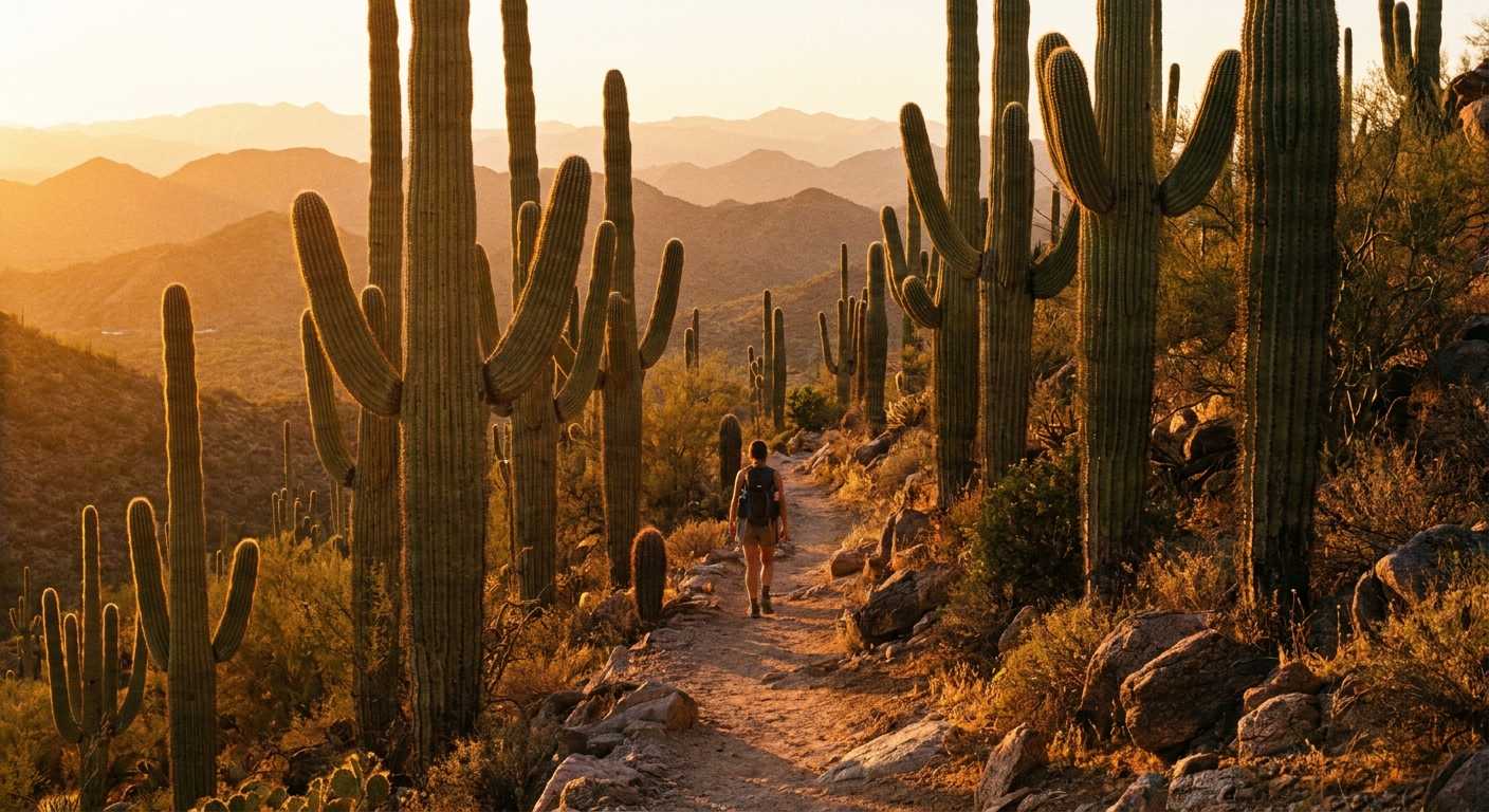 A real photo of a narrow desert hiking trail winding between tall saguaro cacti at golden hour in Saguaro National Park, Arizona, with warm light and distant mountains