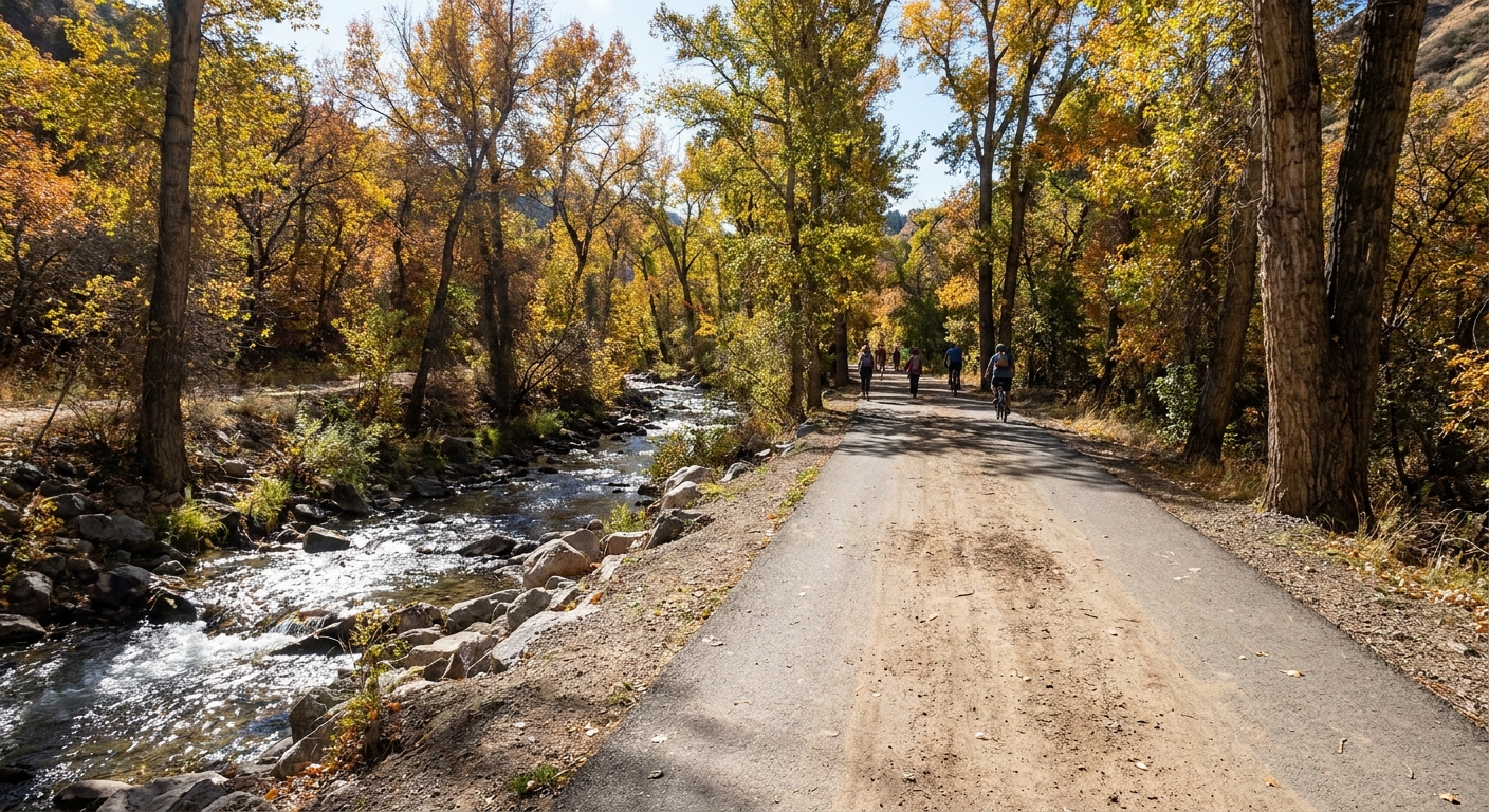 A real photo of a paved and hard-packed path in City Creek Canyon lined with cottonwoods, with a small creek running beside the trail