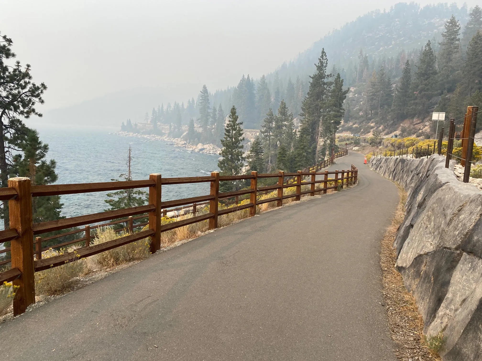 A real photo of a pine lined shoreline trail on the North Shore of Lake Tahoe on a clear summer morning, with bright blue water and distant mountains
