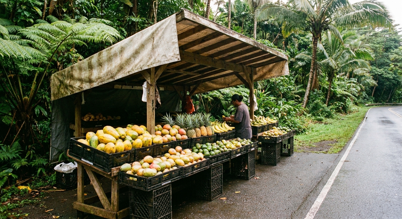 A real photo of a roadside fruit stand in Hāna, Maui with fresh fruit in crates under a simple canopy, tropical greenery around, no text