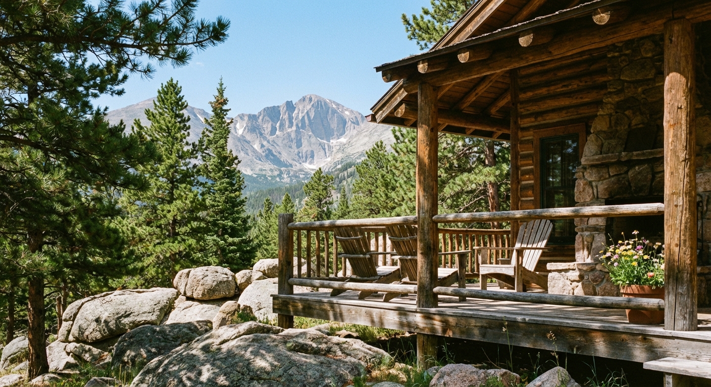 A real photo of a rustic cabin porch near Estes Park with pine trees in the foreground and Longs Peak rising in the distance under a clear blue sky