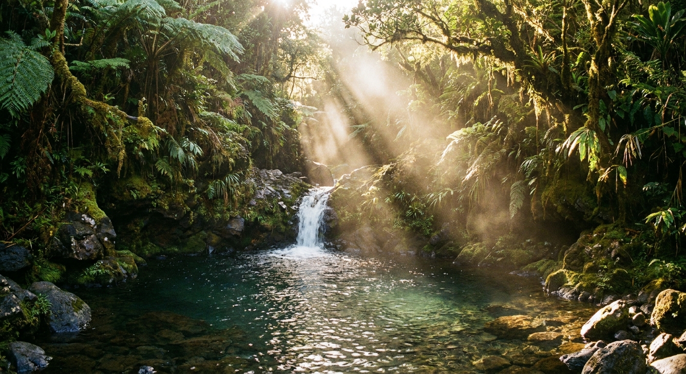 A real photo of a small Maui waterfall spilling into a rocky pool surrounded by dense green jungle, early morning light, no text