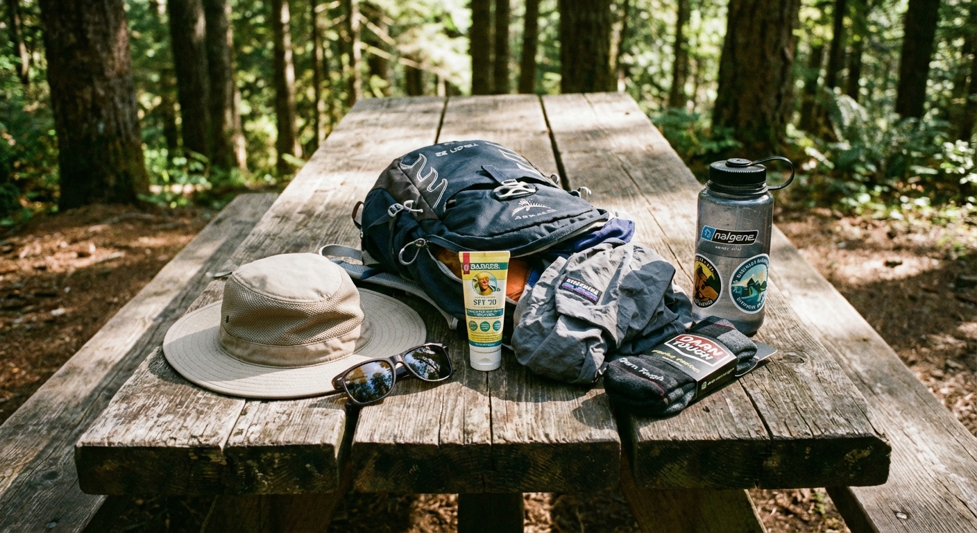 A real photo of a small hiking daypack open on a wooden picnic table with a sun hat, sunglasses, sunscreen, a light wind layer, hiking socks, and a water bottle visible