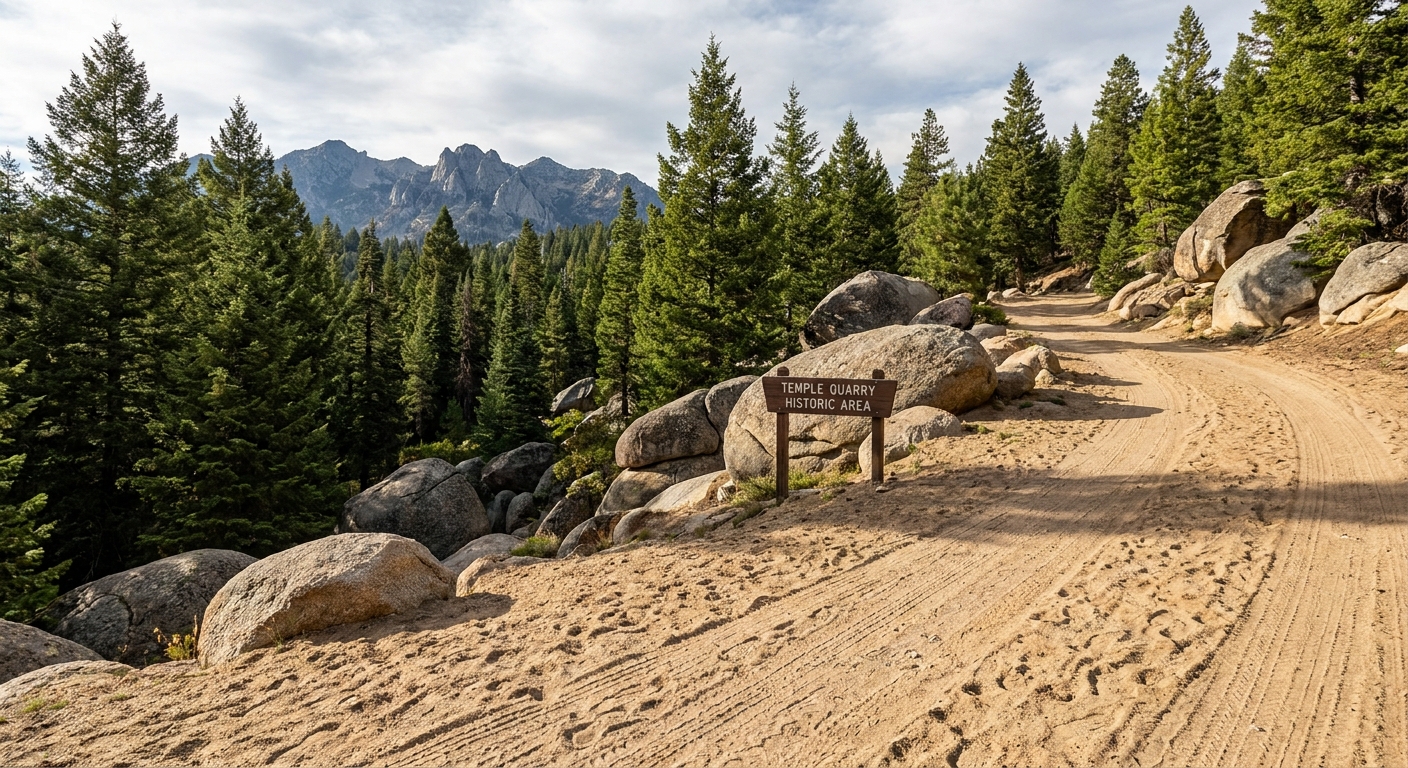 A real photo of a wide dirt trail near the Temple Quarry area in Little Cottonwood Canyon with granite boulders and evergreen forest