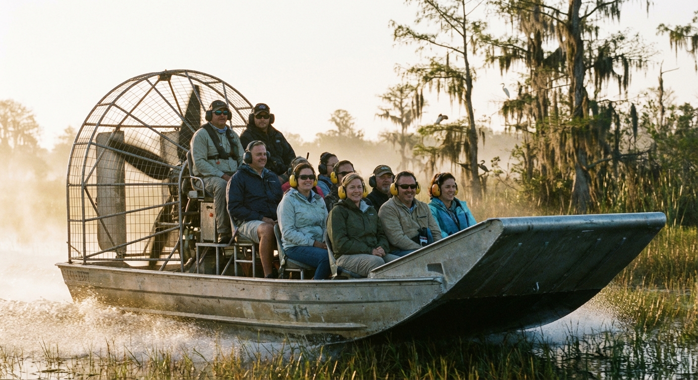 A real photo of an airboat gliding through an Everglades sawgrass marsh in soft morning light with passengers wearing hearing protection