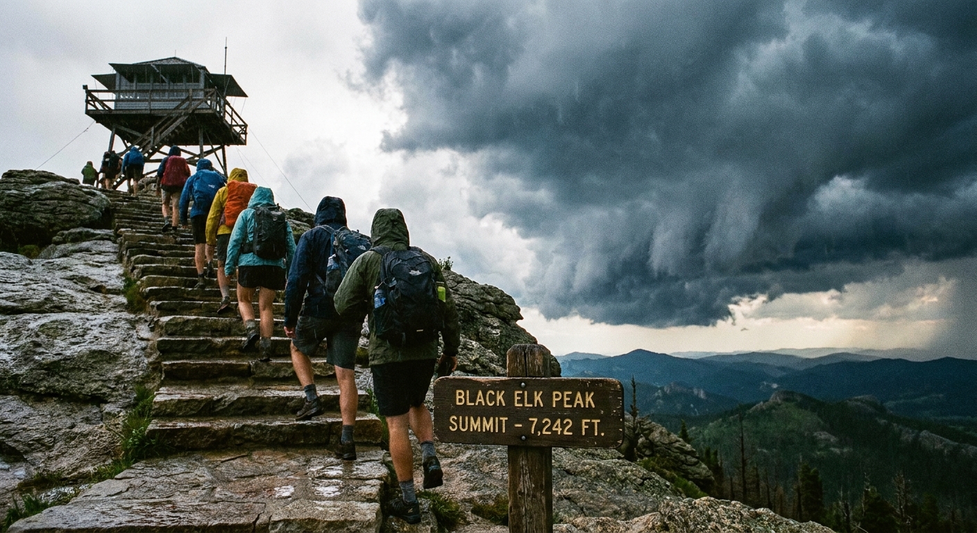 A real photo of hikers ascending the stone stairs near the summit of Black Elk Peak with dark storm clouds forming in the distance