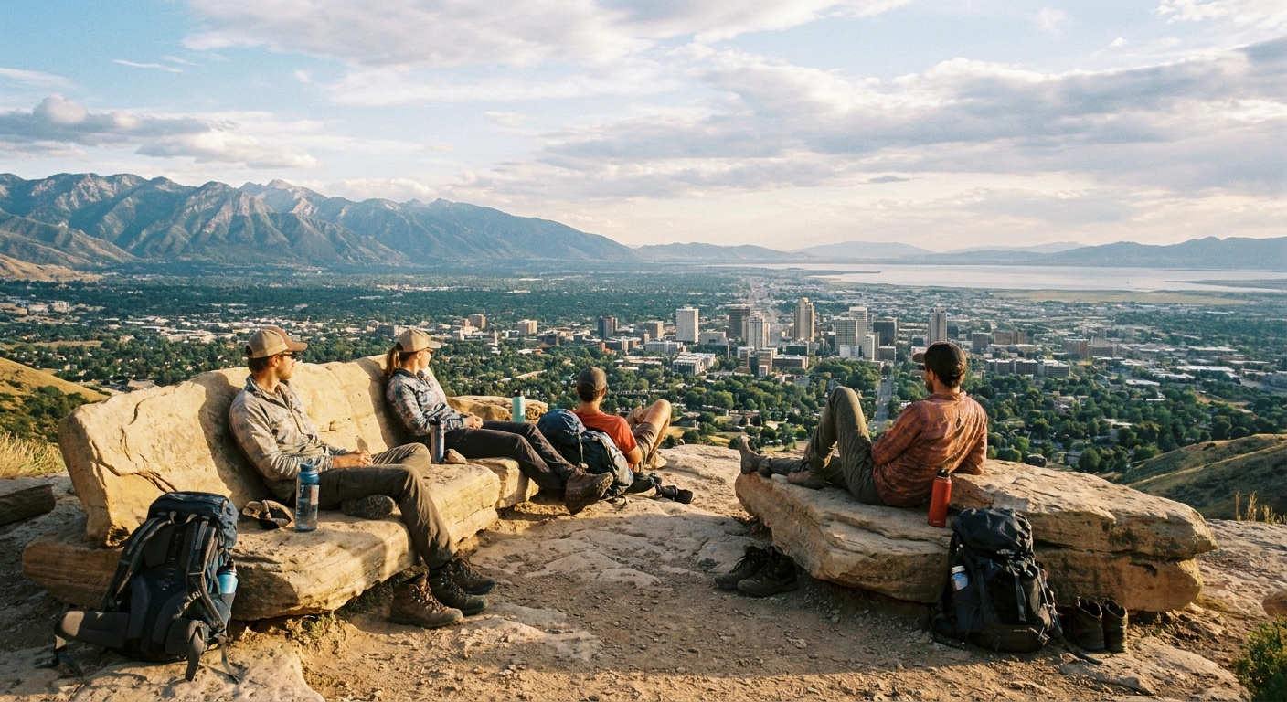 A real photo of hikers sitting on large flat sandstone slabs at the Living Room viewpoint above Salt Lake City, looking out over the city
