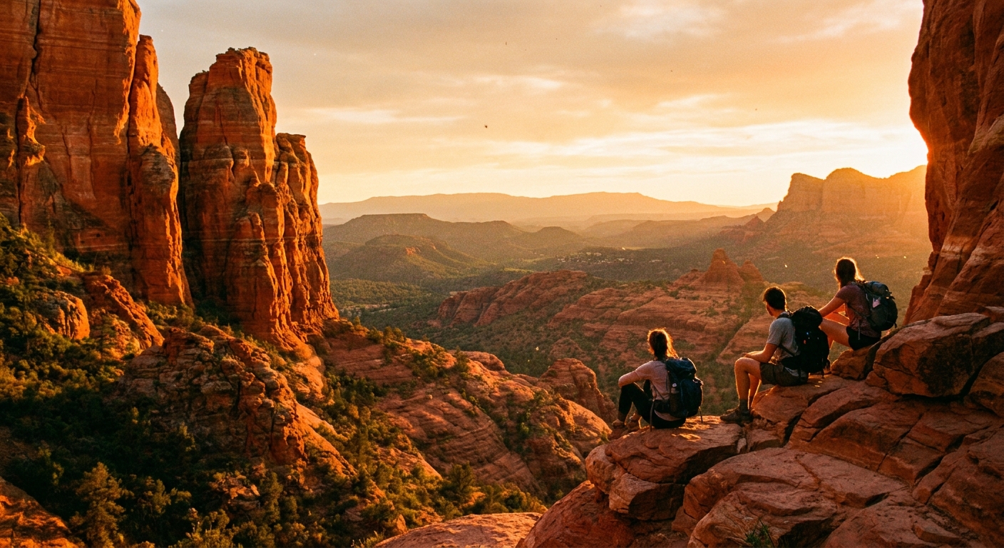 A real photo of hikers sitting on the Cathedral Rock saddle in Sedona during golden hour, with warm light on the red sandstone and the valley stretching behind them