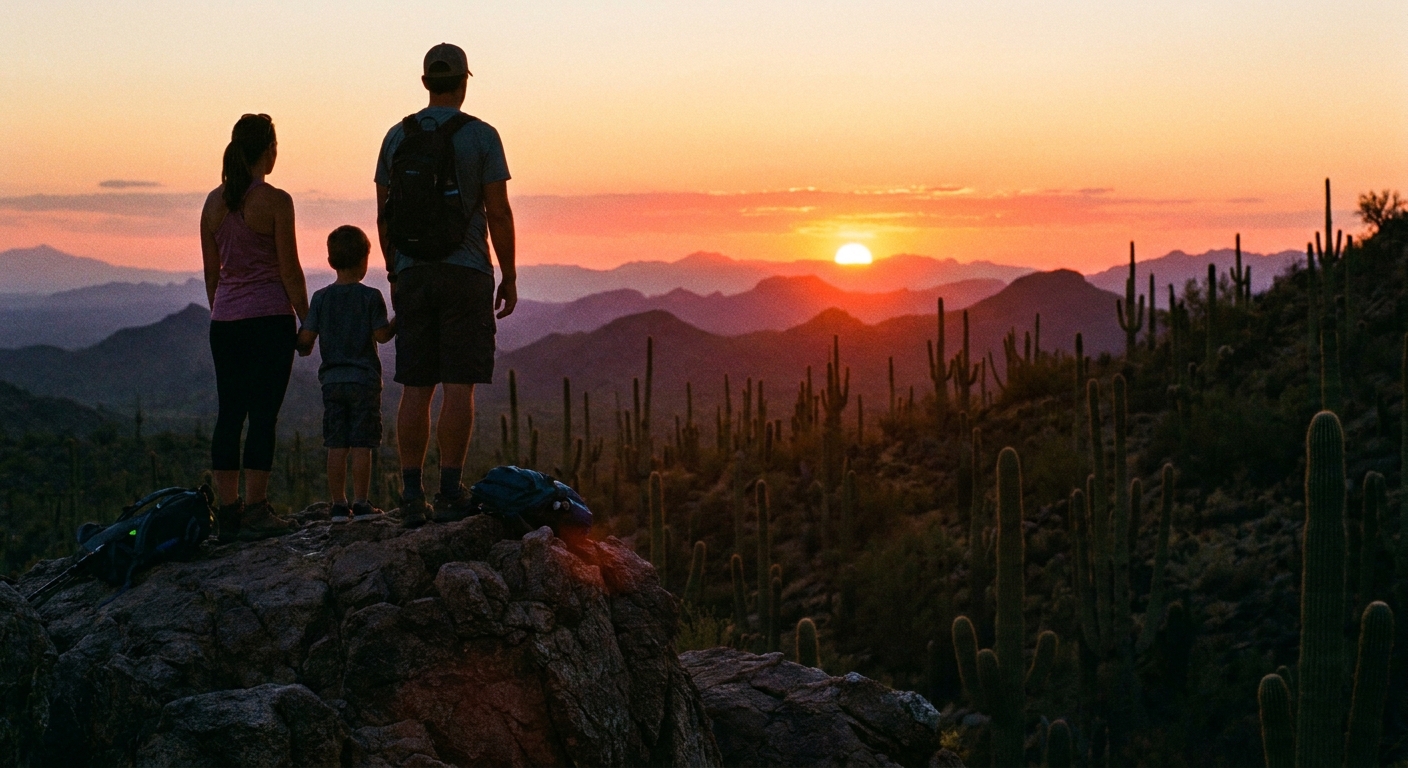 A real photo of hikers standing on a rocky overlook at sunset in Saguaro National Park West, with saguaro silhouettes and layered desert mountains