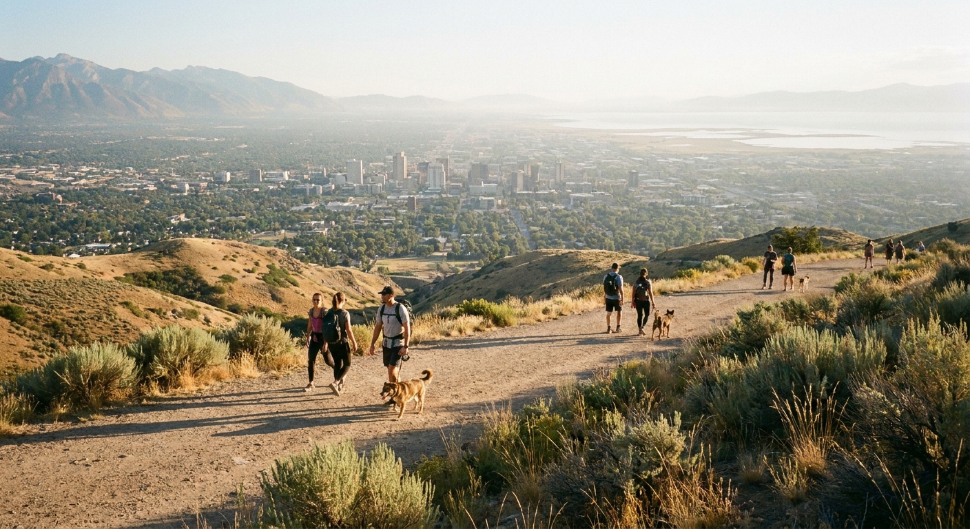 A real photo of hikers walking a wide dirt path on the Bonneville Shoreline Trail above Salt Lake City, with the city grid and Great Salt Lake haze in the distance, late afternoon light