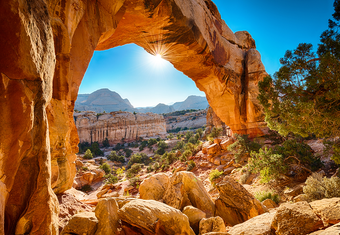 A real photo of hikers walking on the Hickman Bridge Trail in Capitol Reef in the morning, with layered red sandstone cliffs and desert shrubs under a clear sky