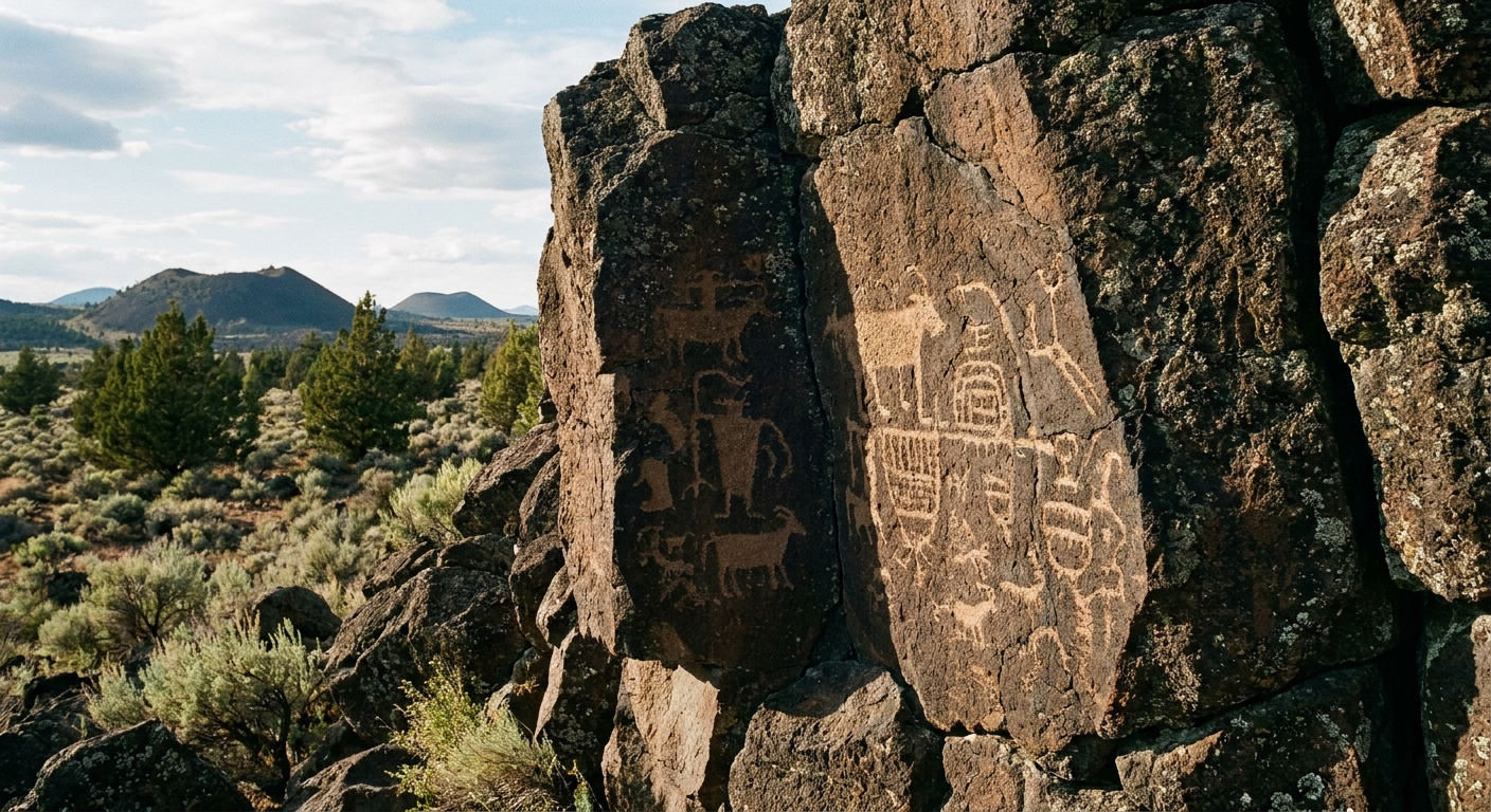 A real photo of petroglyph carvings on a dark volcanic rock wall at Lava Beds National Monument, with natural light and desert landscape nearby