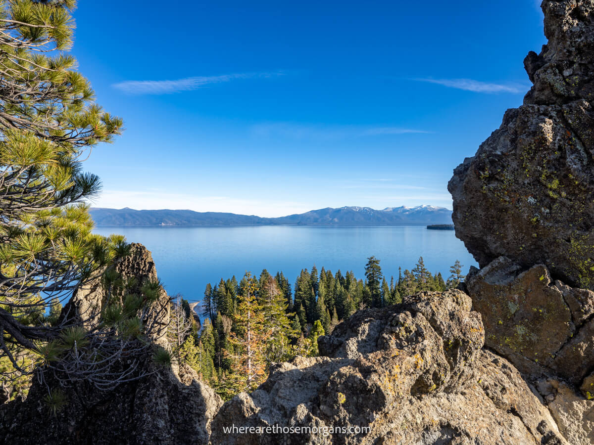 A real photo of the Eagle Rock viewpoint near Tahoe City with a broad panorama of Lake Tahoe under a bright sky