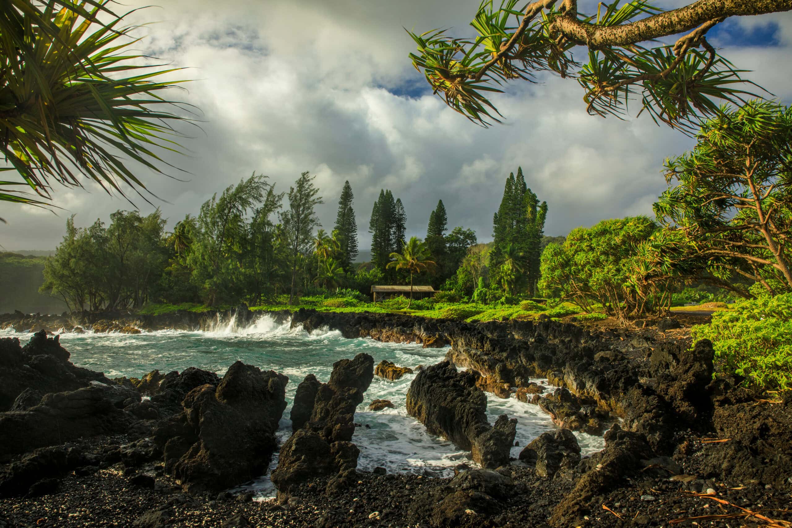 A real photo of the Keʻanae Peninsula lava shoreline on Maui with waves crashing against black rock and green hills in the background, no text