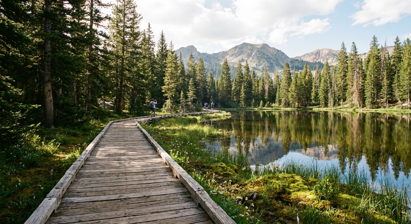 A real photo of the Silver Lake boardwalk near Brighton, Utah, with a wooden path curving past calm water and pine trees