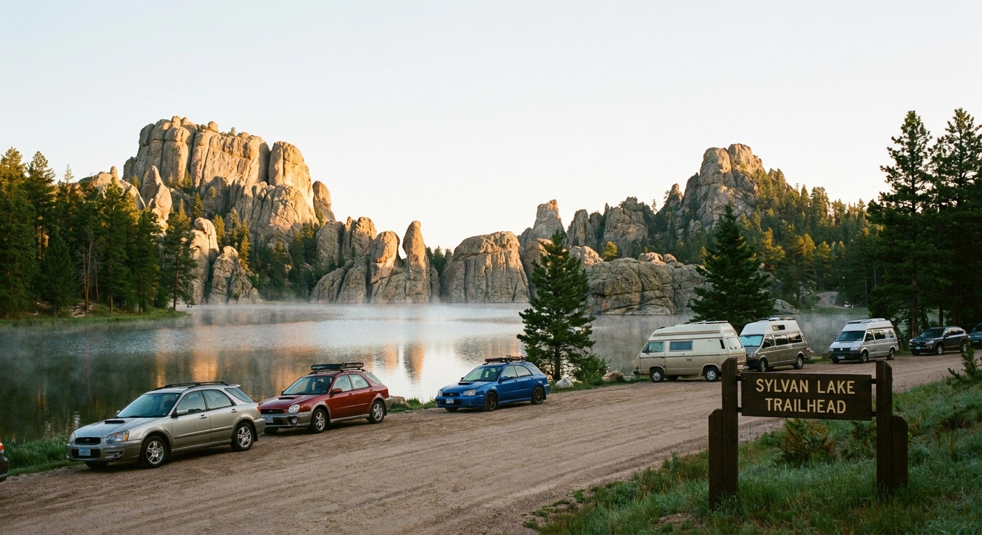 A real photo of the Sylvan Lake shoreline at morning light with parked cars near the trailhead and granite spires rising behind the water