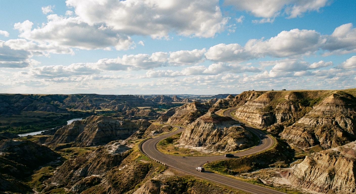 A real photo of the Theodore Roosevelt National Park North Unit scenic drive with a winding paved road leading toward a high badlands overlook under big North Dakota sky