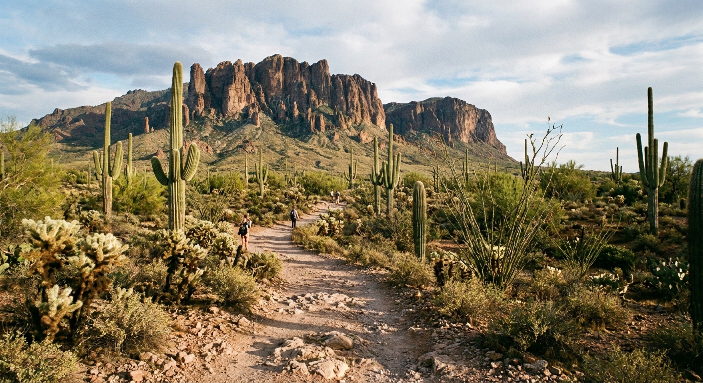 A real photo of the Treasure Loop Trail in Lost Dutchman State Park, a rocky desert path winding past tall saguaro cacti with the Superstition Mountains rising in the background
