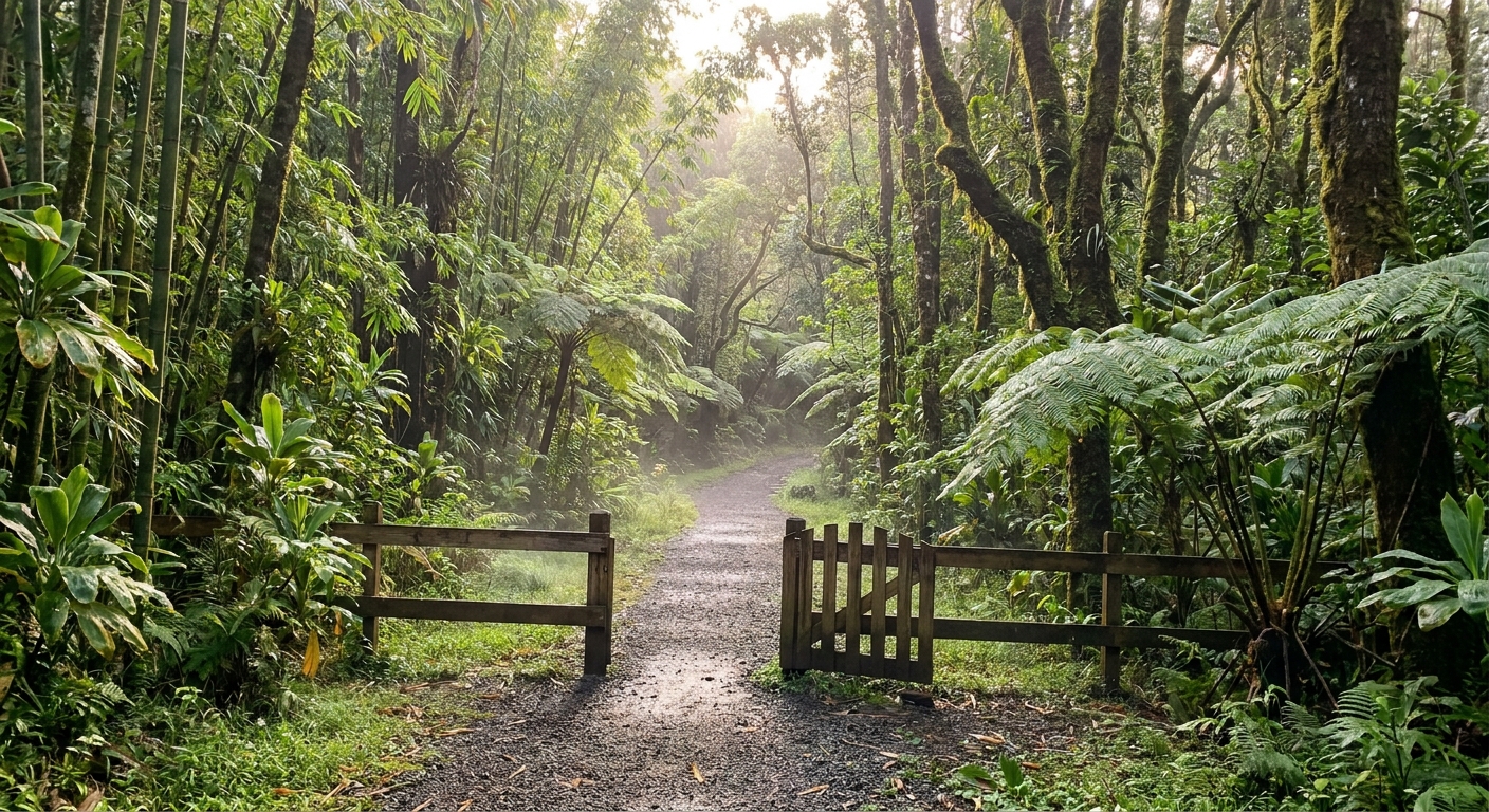 A real photo of the Twin Falls trail entrance area on Maui in the morning, with lush foliage and a gravel path leading into the forest, no text