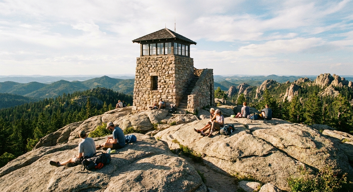 A real photo of the stone fire lookout tower on Black Elk Peak with hikers resting on sunlit granite slabs and pine covered hills stretching to the horizon