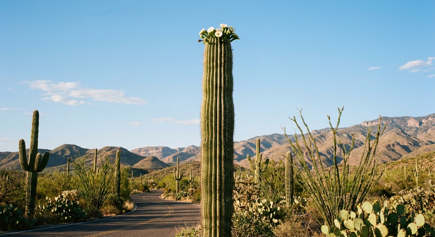 A real photograph along Cactus Forest Drive in Saguaro National Park East near Tucson with a tall saguaro centered in frame, several white blossoms near the top, and layered desert hills under a clear blue sky