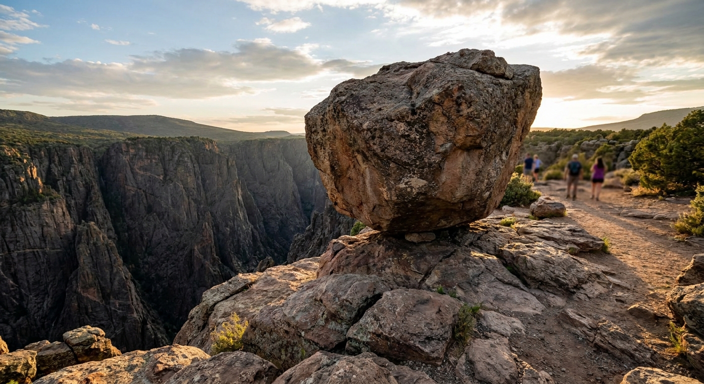 A real photograph at Balanced Rock View on the North Rim with a large balanced boulder near the rim in the foreground and the steep black canyon dropping away behind it