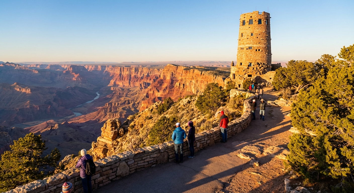 A real photograph at the Grand Canyon South Rim near Desert View showing the stone Desert View Watchtower on the rim with the vast canyon opening behind it, late afternoon golden light casting long shadows, a few visitors near the overlook, photorealistic