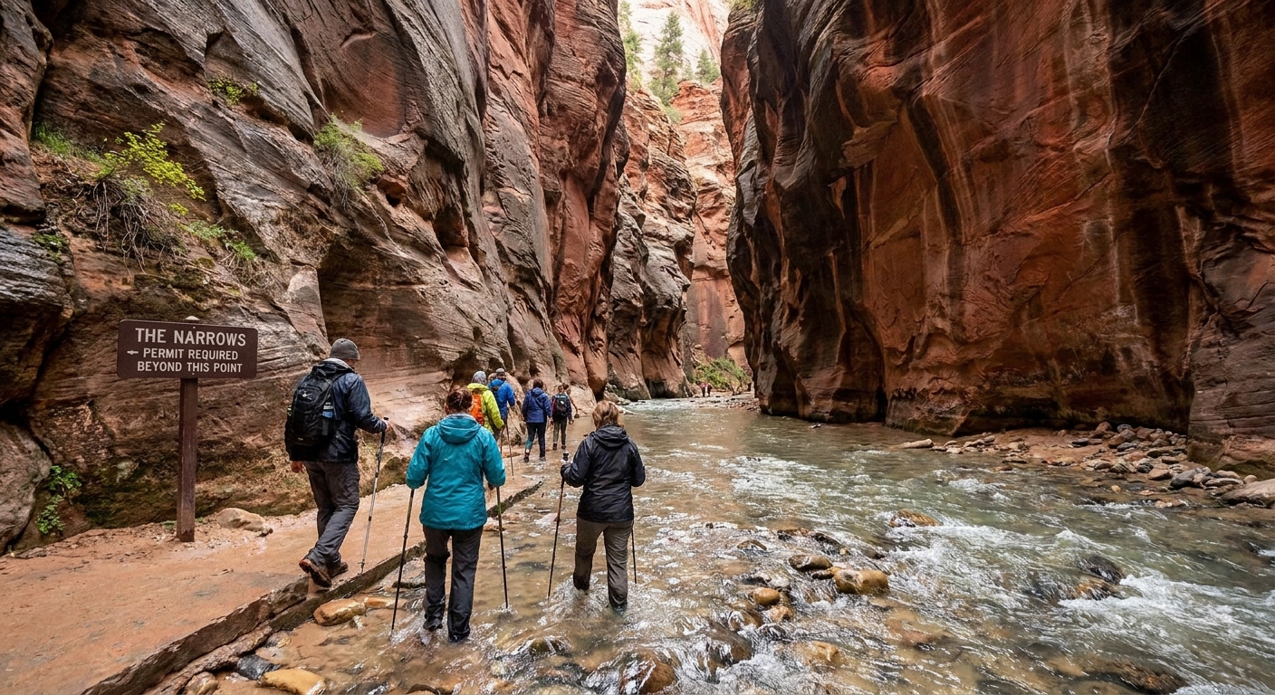 A real photograph at the Narrows entrance in Zion showing visitors stepping carefully into the Virgin River where the paved trail ends, with canyon walls narrowing ahead