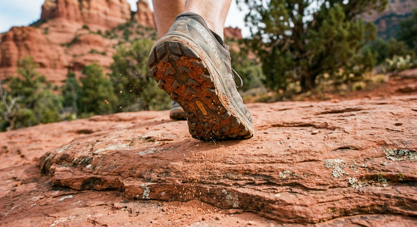 A real photograph close-up of a hiker’s trail runners stepping on red slickrock in Sedona, showing dusty tread and textured sandstone