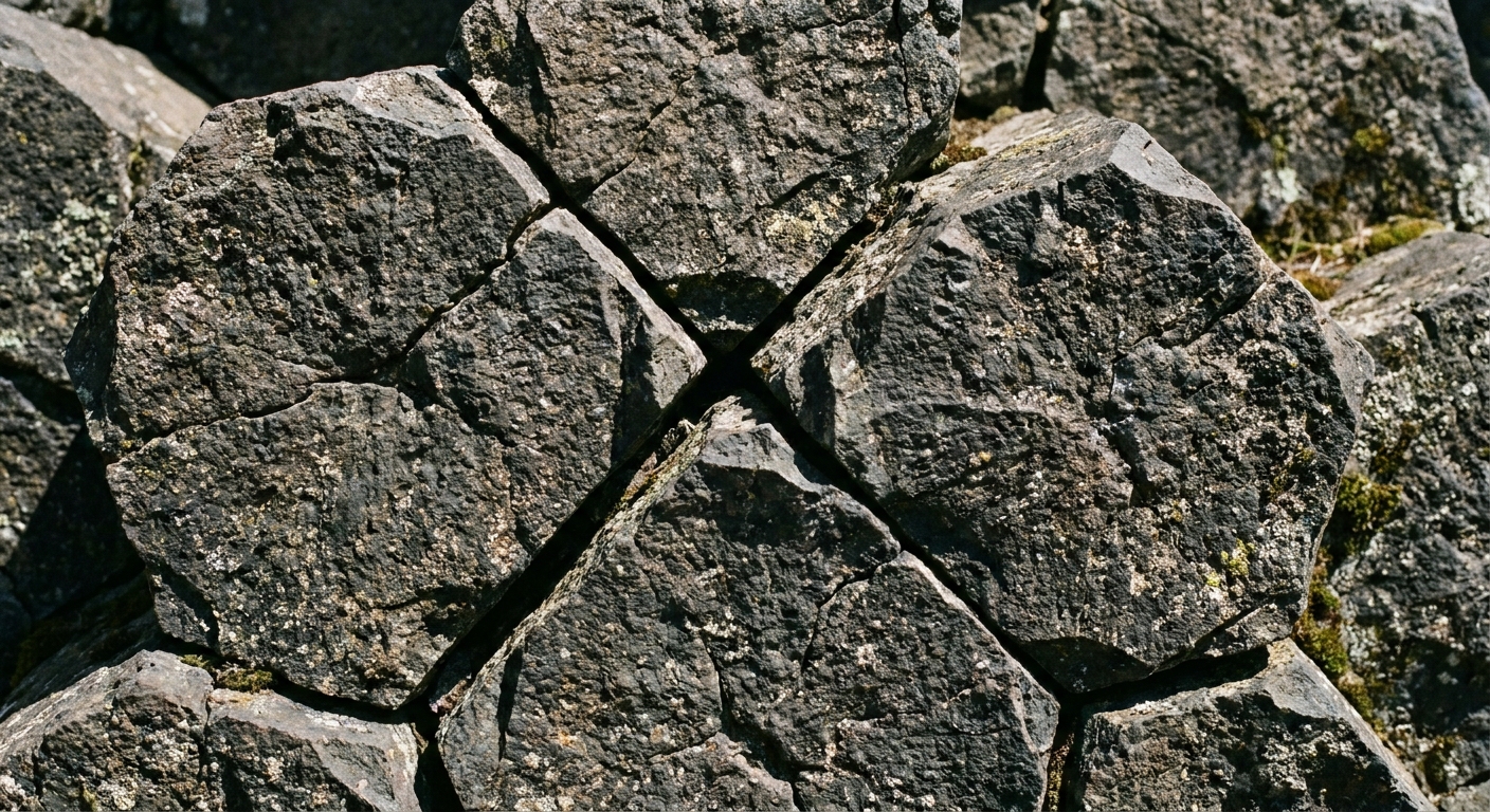 A real photograph close-up of the hexagonal basalt columns at Devils Postpile, showing sharp geometric joints and textured dark volcanic rock
