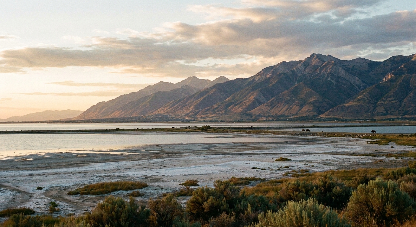 A real photograph from Antelope Island looking east toward the Wasatch Front, with the Great Salt Lake in the foreground and layered mountains in the distance