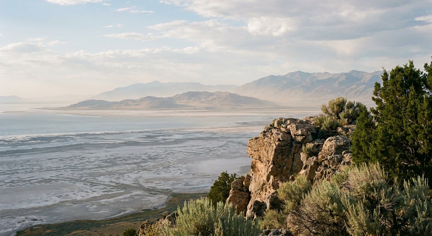 A real photograph from Buffalo Point on Antelope Island showing a rocky overlook with the Great Salt Lake below and mountain ranges fading into haze