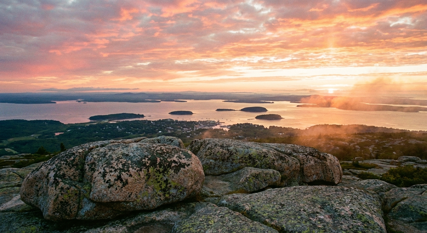 A real photograph from Cadillac Mountain summit showing granite rocks in the foreground and a wide view over Bar Harbor and Frenchman Bay at sunrise with pink and orange sky