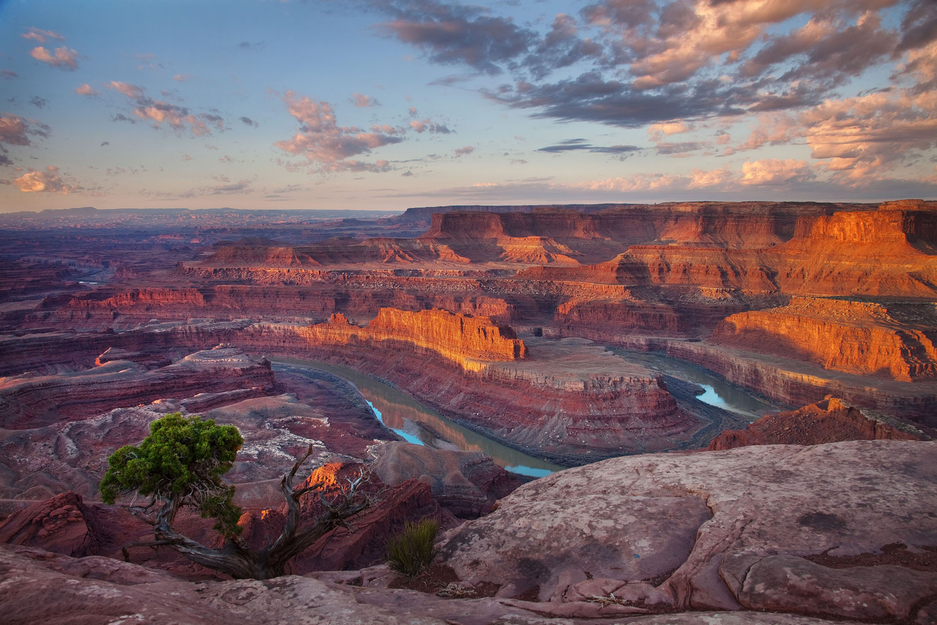A real photograph from Dead Horse Point State Park showing the Colorado River looping around a dramatic canyon bend, viewed from a high overlook in warm late-day light