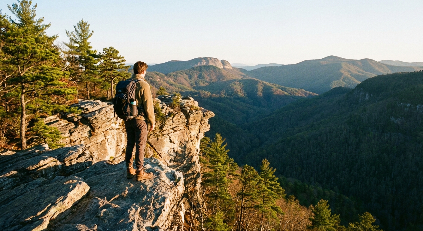 A real photograph from Hawksbill Mountain showing a rocky overlook above Linville Gorge, a hiker standing near the edge looking out across forested ridges, late afternoon light
