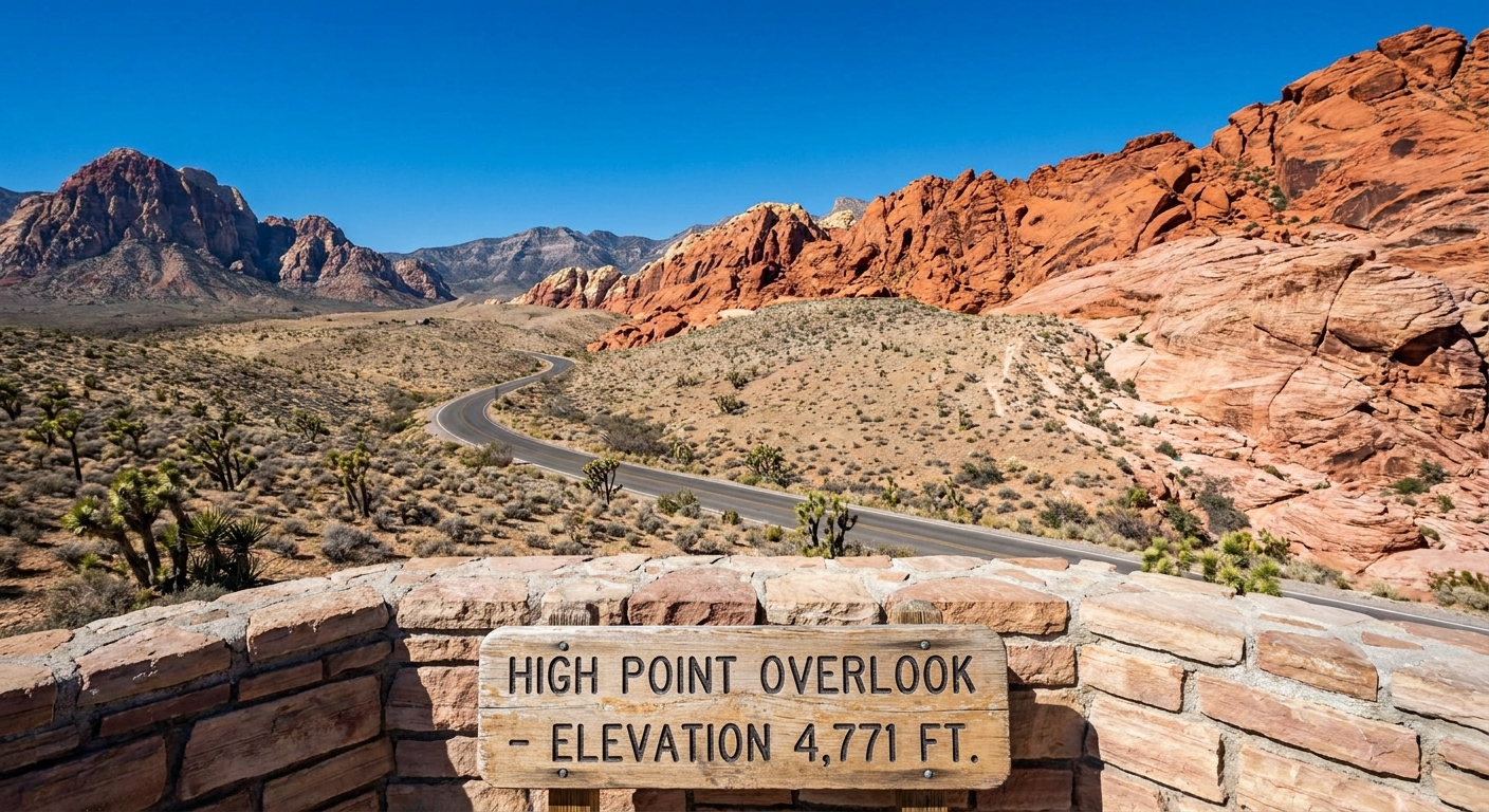 A real photograph from High Point Overlook at Red Rock Canyon in Nevada, showing expansive desert valley views with rugged red cliffs under a clear blue sky