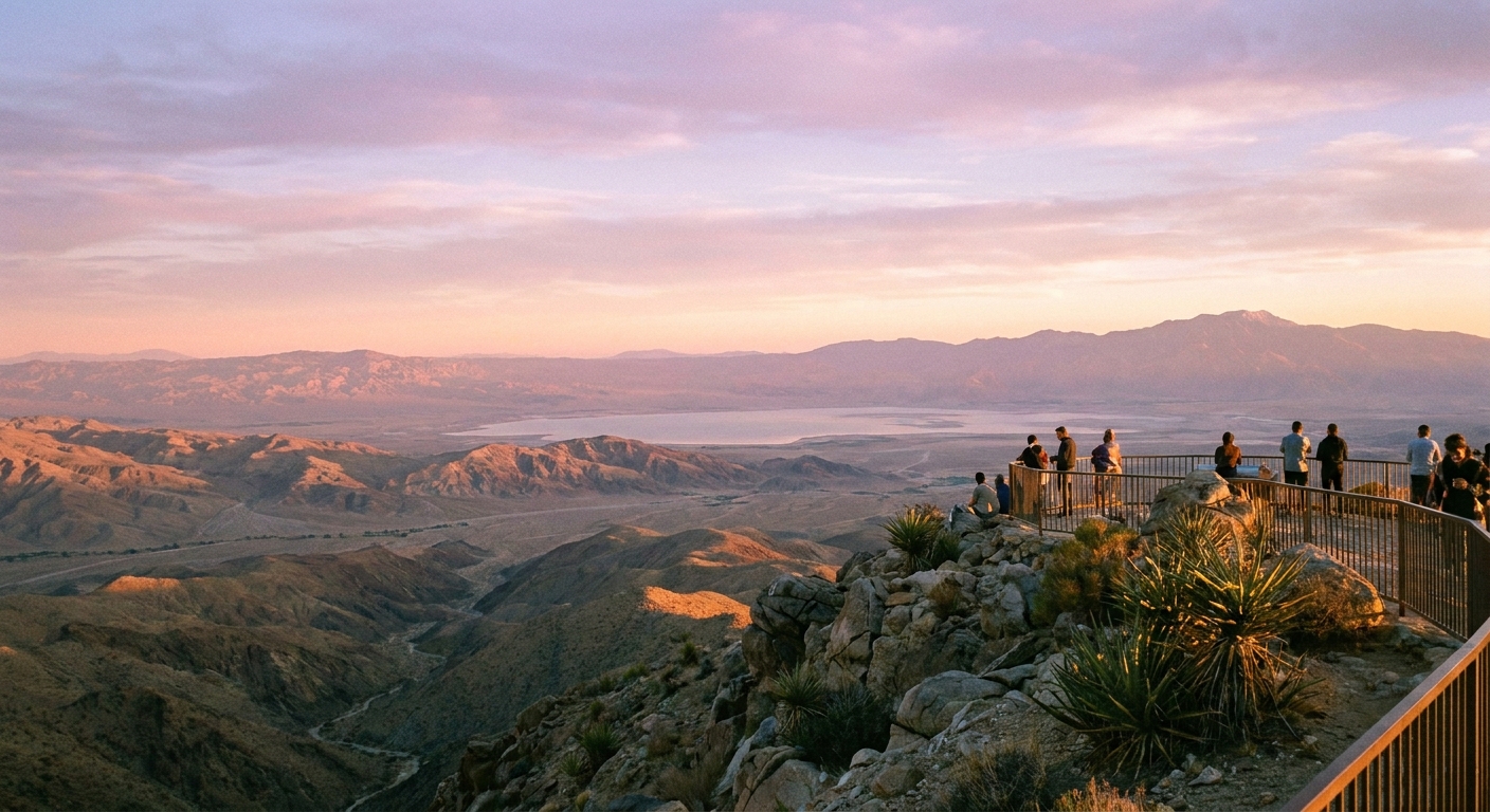 A real photograph from Keys View in Joshua Tree National Park at sunset, showing layered desert valleys and distant mountains under a pastel sky